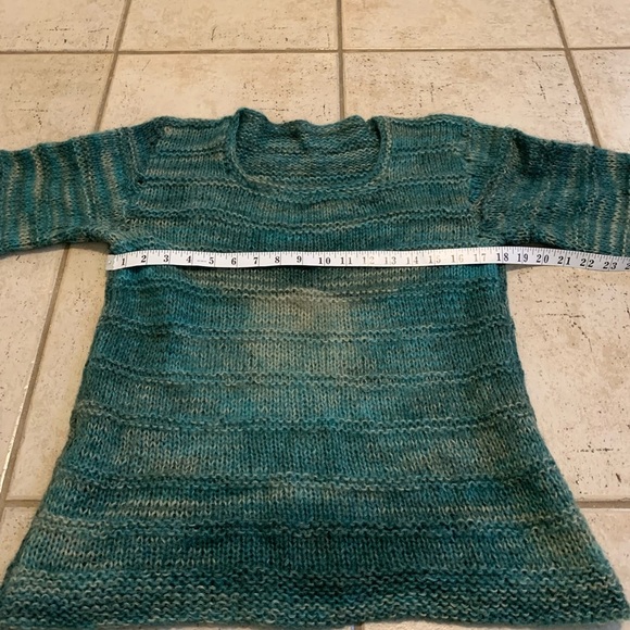 Hand Knit Boho Bell Sleeve Sweater - Teal Blue and White Size S/M - Picture 2 of 6